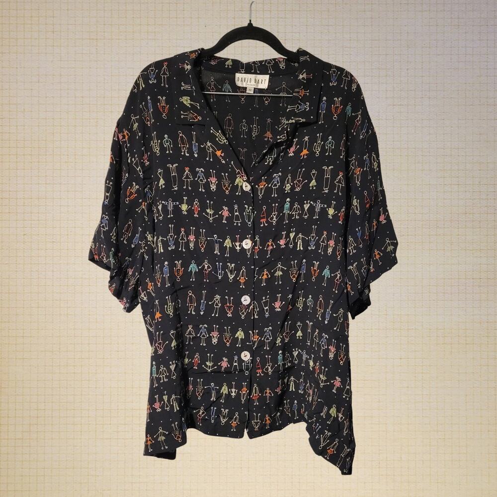 90s David Dart Caricature Art Rayon Button-Up Blouse 3X Oversized Fit Black